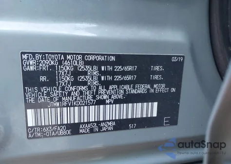 2019 Toyota Rav4 Xle из США, поврежденный, VIN JTMW1RFV1KD021577